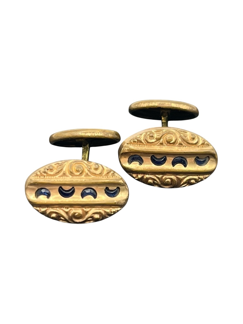 Victorian cuff links blue crescent moon scroll embossed design gold tone vintage